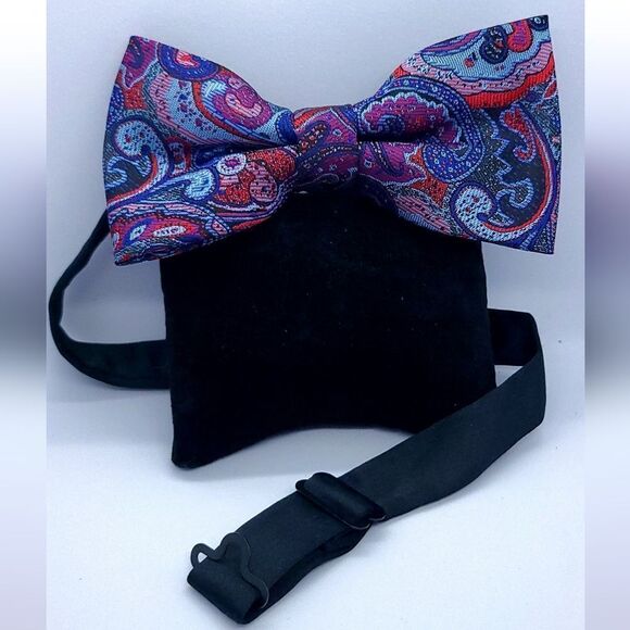 Bow Tie Pocket Square Cufflink 3pc Set Red Paisley Wedding Formal Prom Tux - Picture 2 of 11